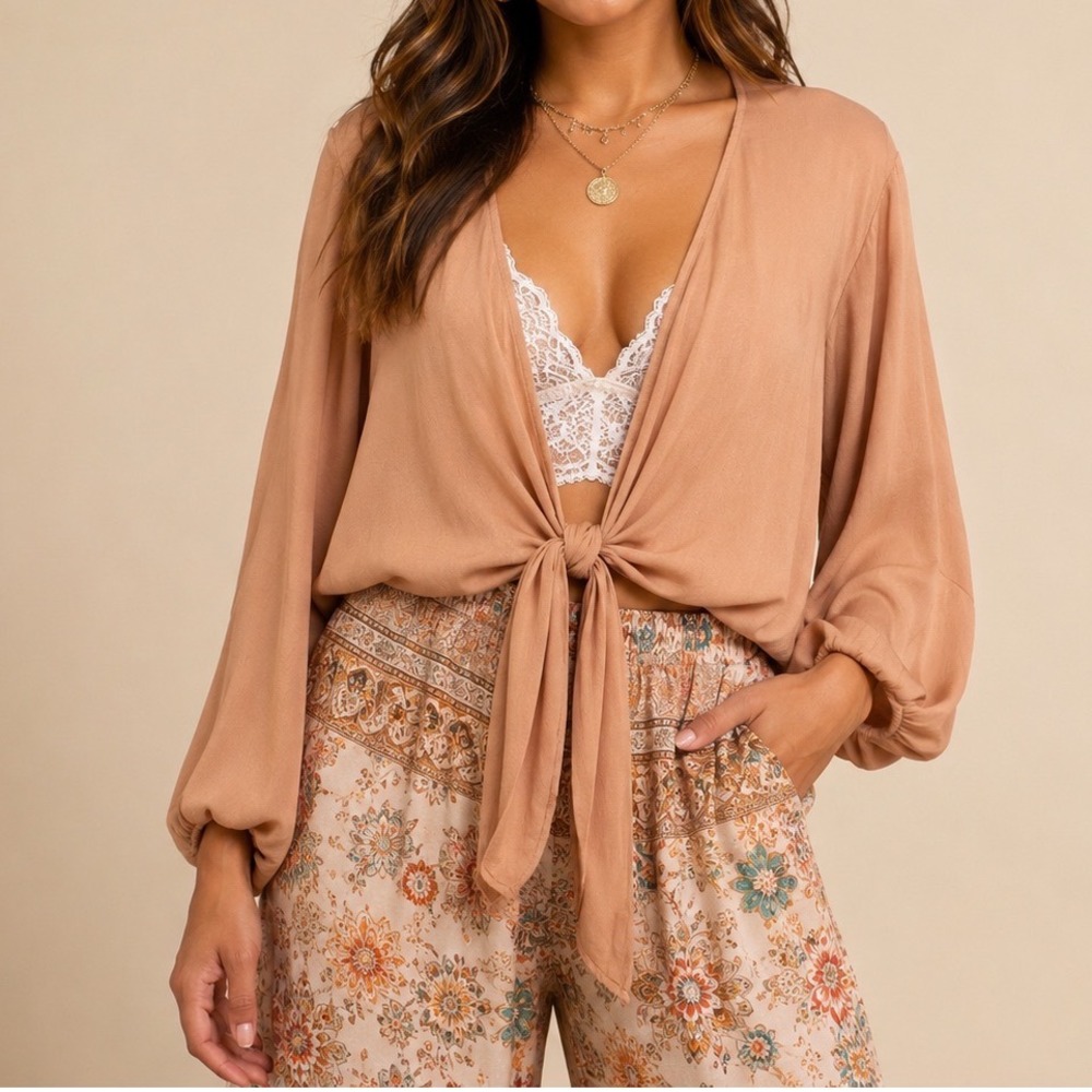 AMABLE Tie Front Crepe Crop Top L Tan Boho Balloon Sleeve Festival Beach Coverup